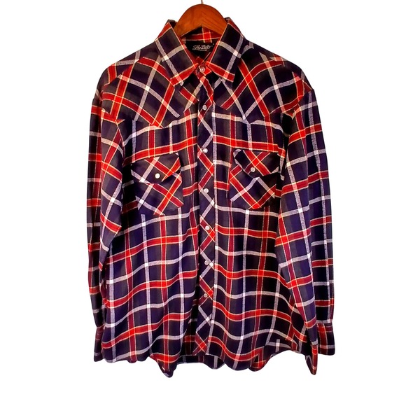 Lauras Other - Lariat Western Shirt Mens L Blue Red Plaid Pearl Snap Long Sleeve Flannel